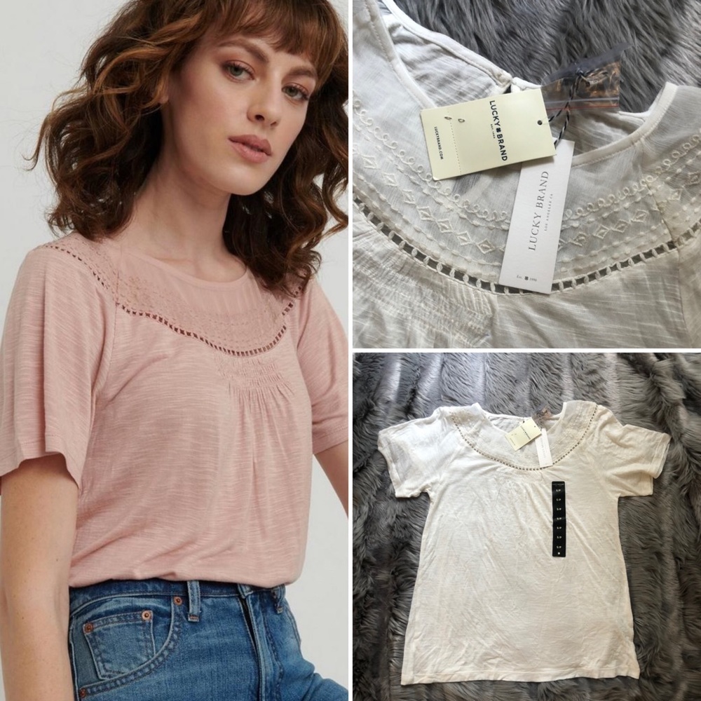 { Lucky Brand } Ivory Embroidered Short Sleeve Top